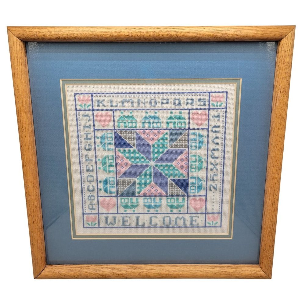 Welcome Sampler Cross Stitch Blue Pink Quilt Pattern Wood Framed